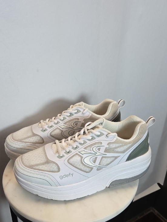 Gdefy Shoes - Womens Platform Sneakers in White and Sage Size 10